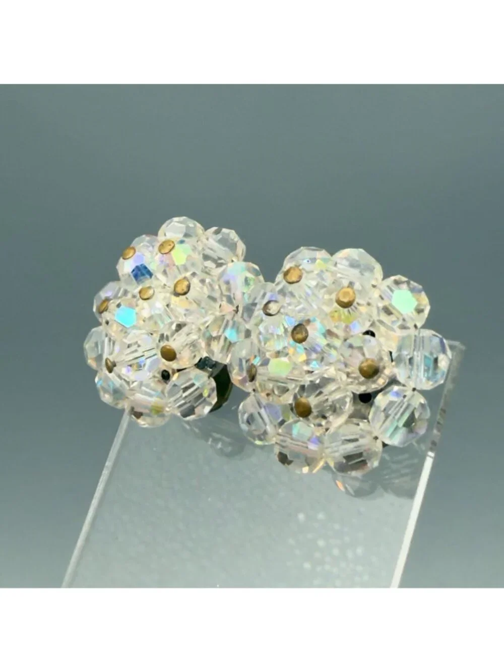 Vintage Aurora Borealis Crystal Bead Cluster Flower Clip-On Earrings